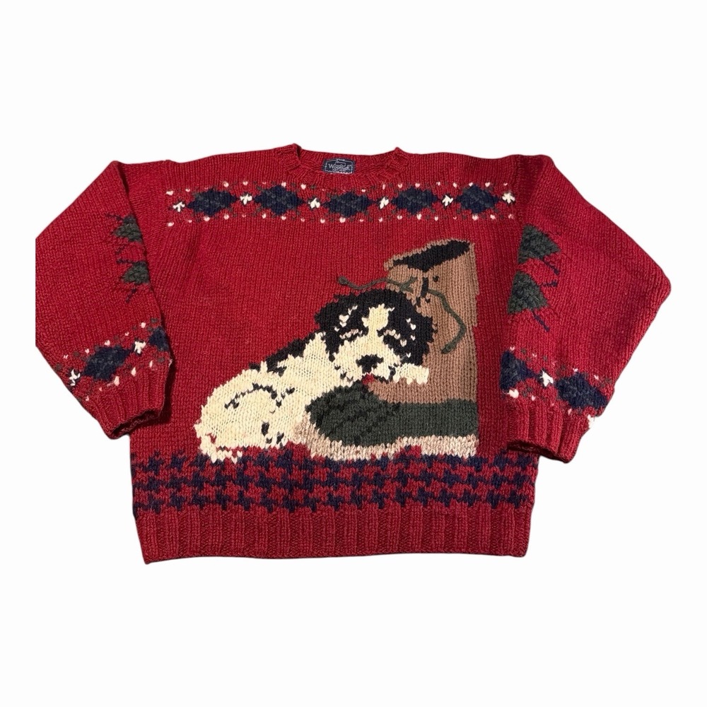 Vintage Woolrich Woman 100% Wool Dog Puppy Boot Sweater Red Crewneck Large 80s